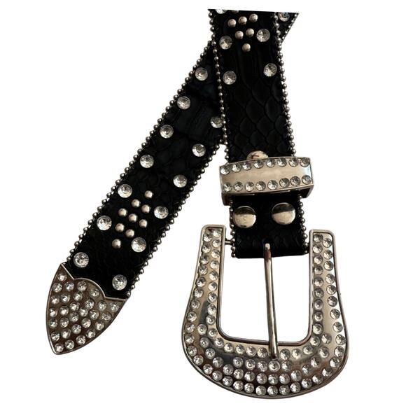 Rhinestone Studded Black BELT 34-38” Vegan Leather Western Cowboy Women's Medium - Picture 3 of 7